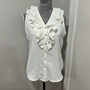 Tommy Hilfiger Women’s Sz: S White Ruffle Trim V-Neck Crinkled Sleeveless Top.